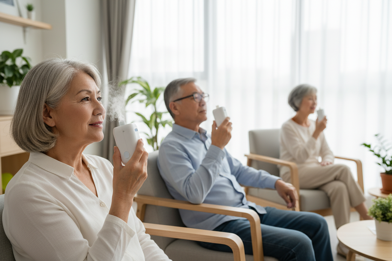 Elderly people using a handheld portable nebulizer without tubing